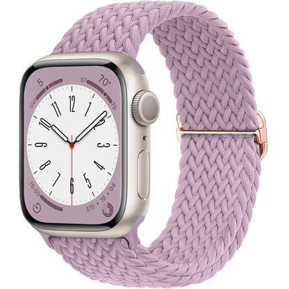 Apple Watch with a lavender braided strap made from soft elastic nylon, perfect for style and comfort.