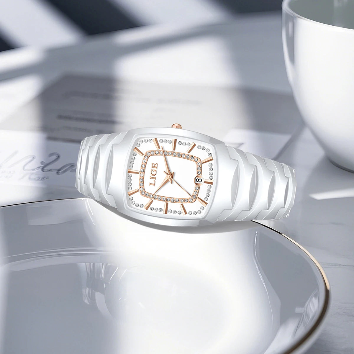 Women's Ceramic Tonneau Crystal Dial Watch — Curved ceramic case and bracelet profile