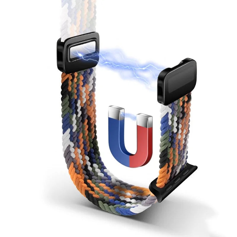 Magnetic clasp illustrated on multicolor braided band for Apple Watch
