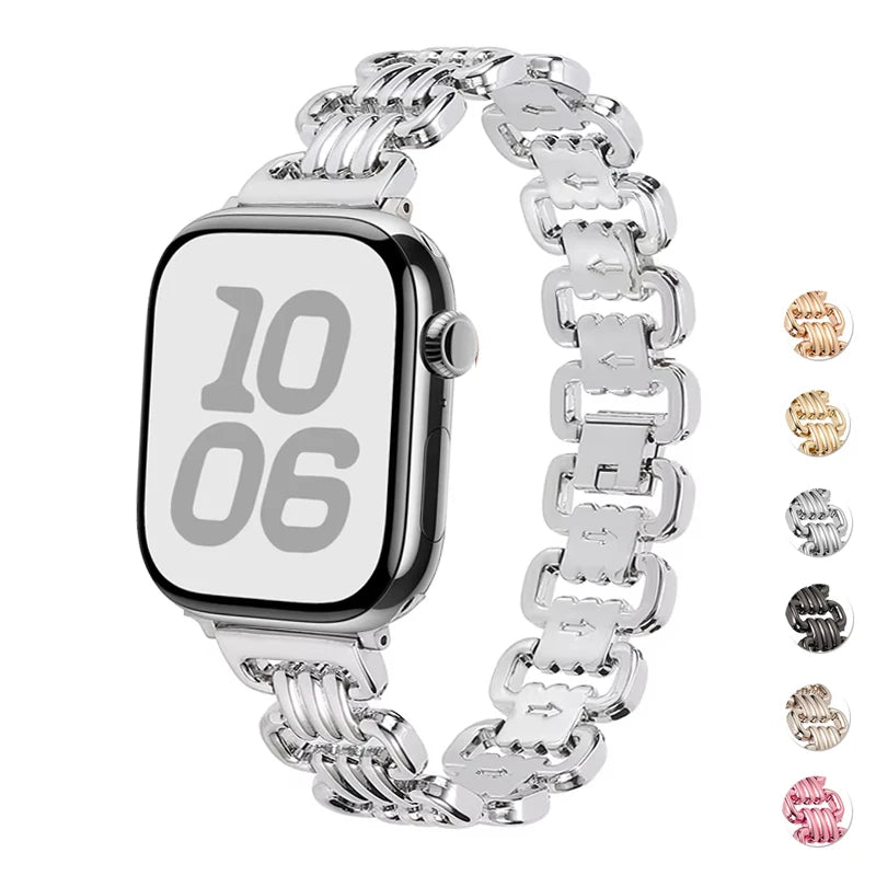 Apple Watch with luxury metal chain band in silver, showcasing a sleek design and adjustable fit, perfect for style and comfort.
