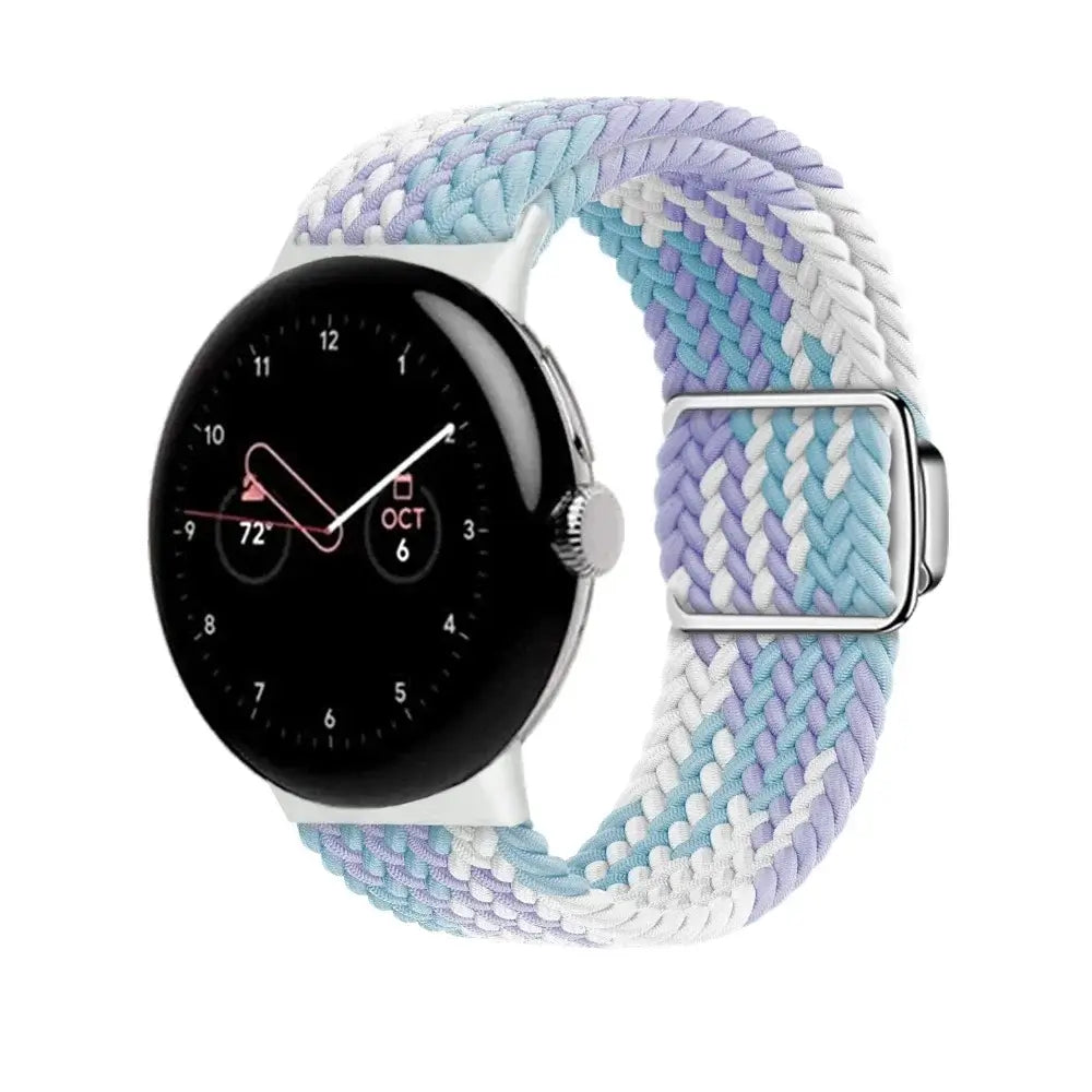 Stretch Braided Google Pixel Watch Loop with Metal Slider in Lavender / White / Blue Stripe