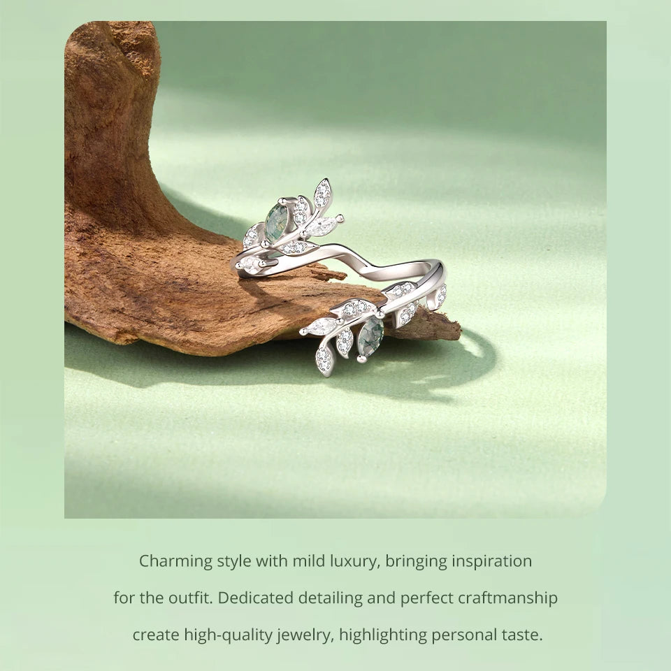 Moss Agate Leaf Open Ring, 925 Sterling Silver - view 5