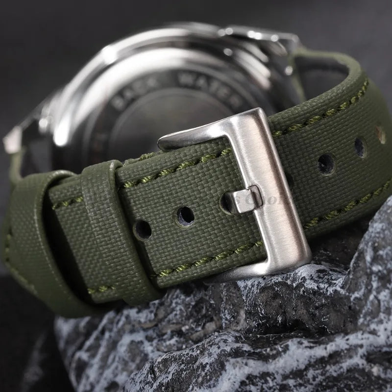 Motorola Moto Stitched Sailcloth Nylon Watch Band — Silver-tone pin buckle close-up