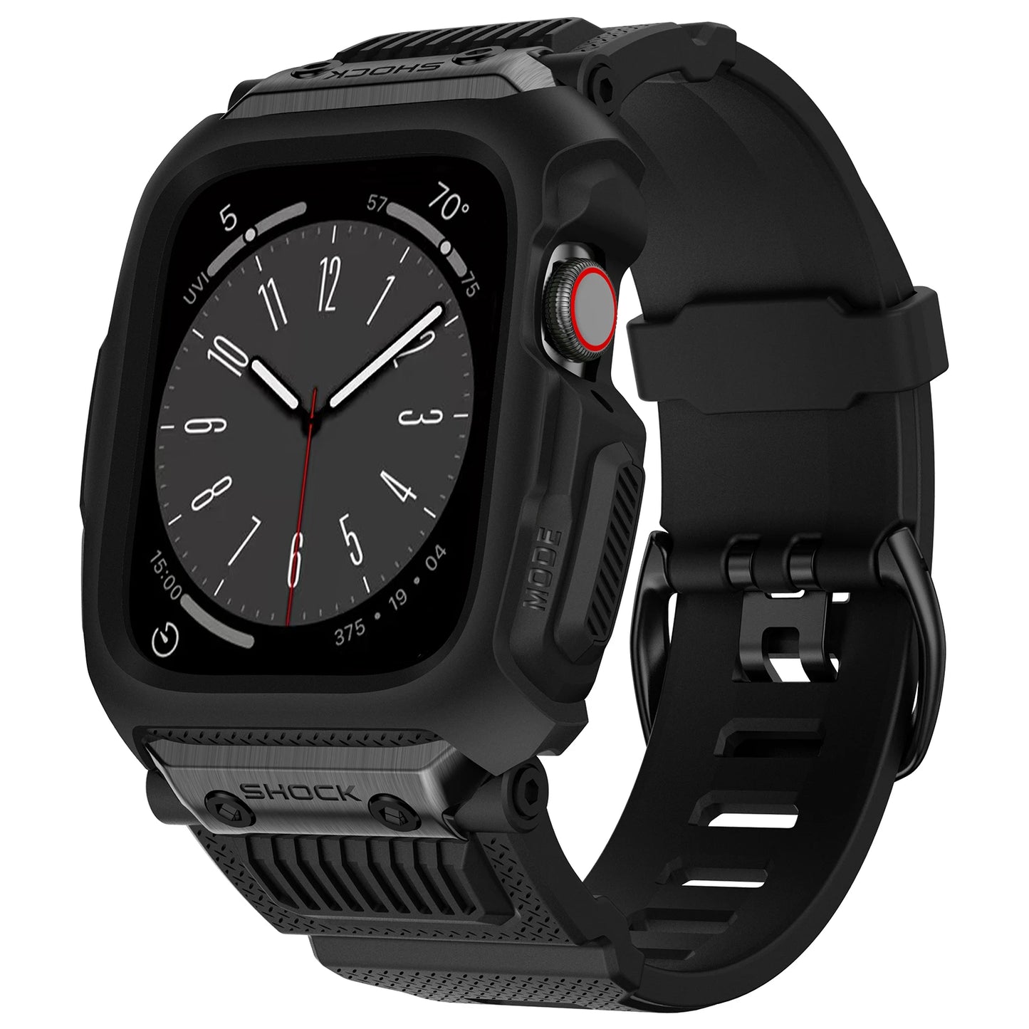 Apple Watch with a black rugged strap showcasing a digital clock face, blending style and durability in one.