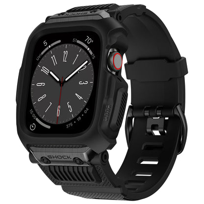 Apple Watch with a black rugged strap showcasing a digital clock face, blending style and durability in one.
