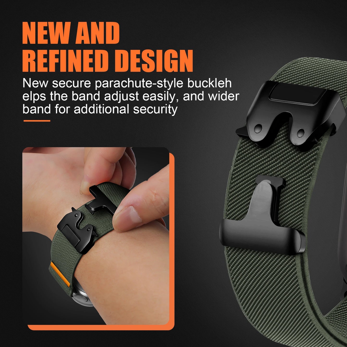 Close-up of Apple Watch nylon strap featuring secure parachute-style buckle and adjustable design for a comfortable fit.