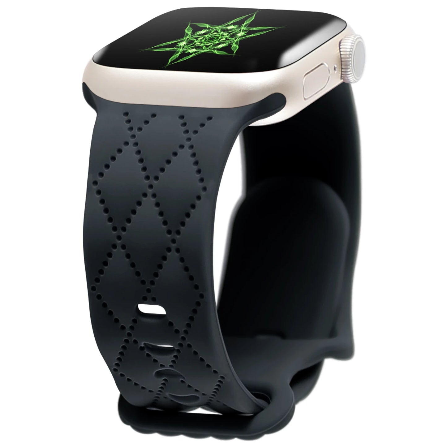 Apple Watch with black silicone strap, featuring a flexible waterproof design for comfort and style.