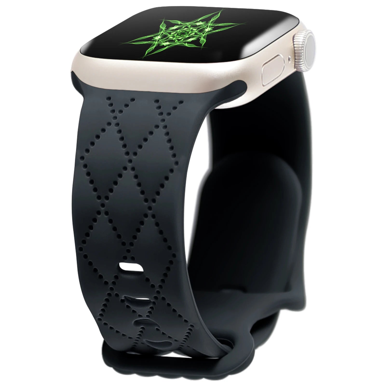 Apple Watch with black silicone strap, featuring a flexible waterproof design for comfort and style.