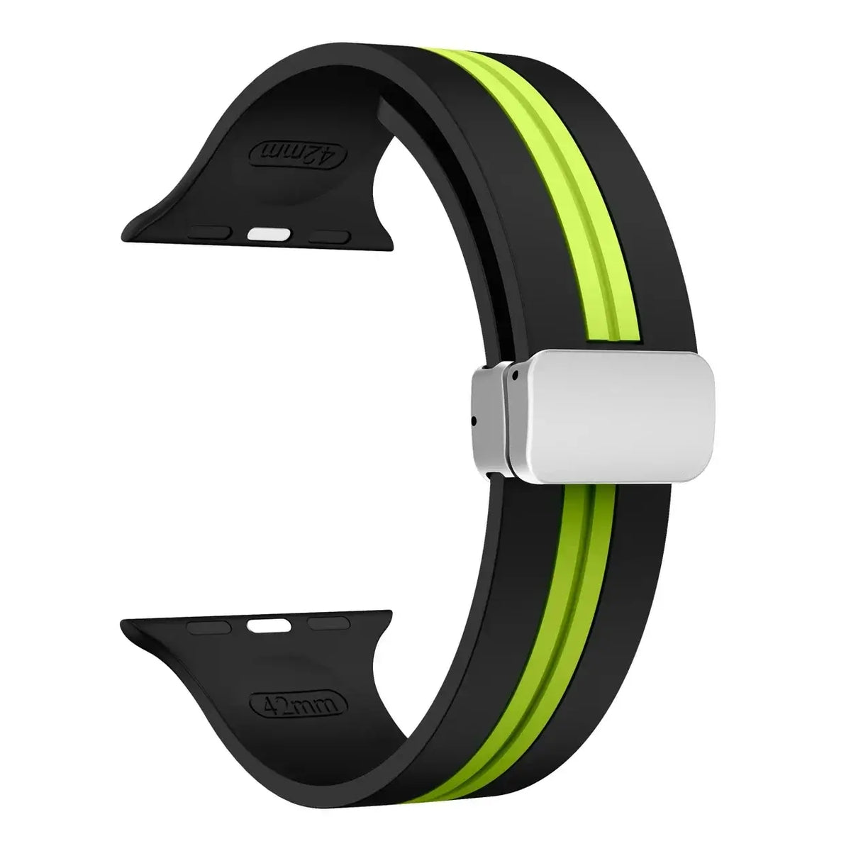 Black / Neon Green - Silver Clasp striped silicone Apple Watch band with magnetic clasp