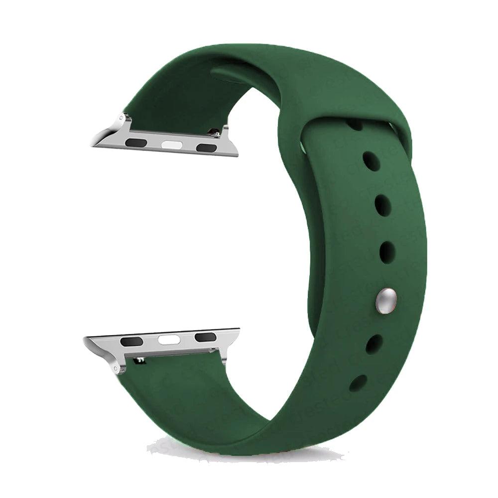 Green silicone strap for Apple Watch, comfortable, waterproof, perfect for workouts and daily wear.
