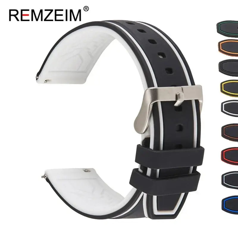 Silicone strap for Suunto watches in black with silver buckle, showcasing style and durability for everyday wear.
