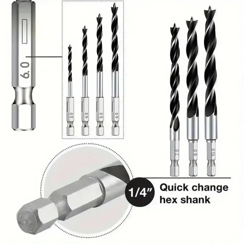 Brad point bits with 1/4 in. quick-change hex shank