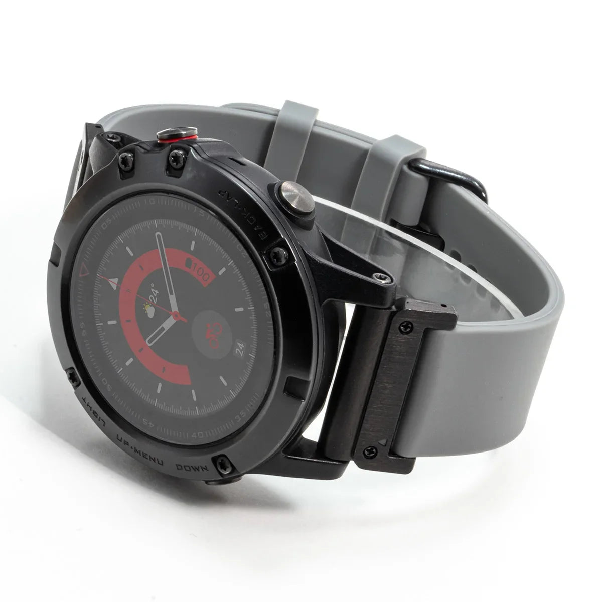 Garmin smartwatch with gray silicone replacement band, featuring a quickfit metal connector for easy attachment.