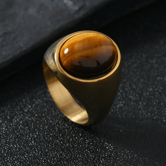 Oval tiger's eye signet ring, gold-tone stainless steel