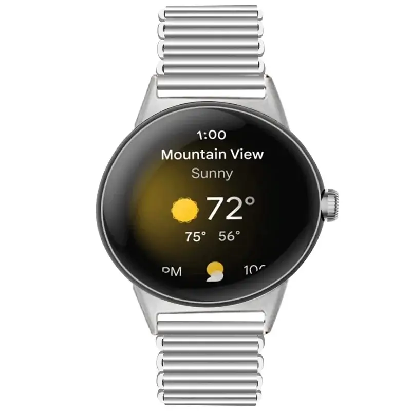 Front view of silver ribbed steel Pixel Watch bracelet