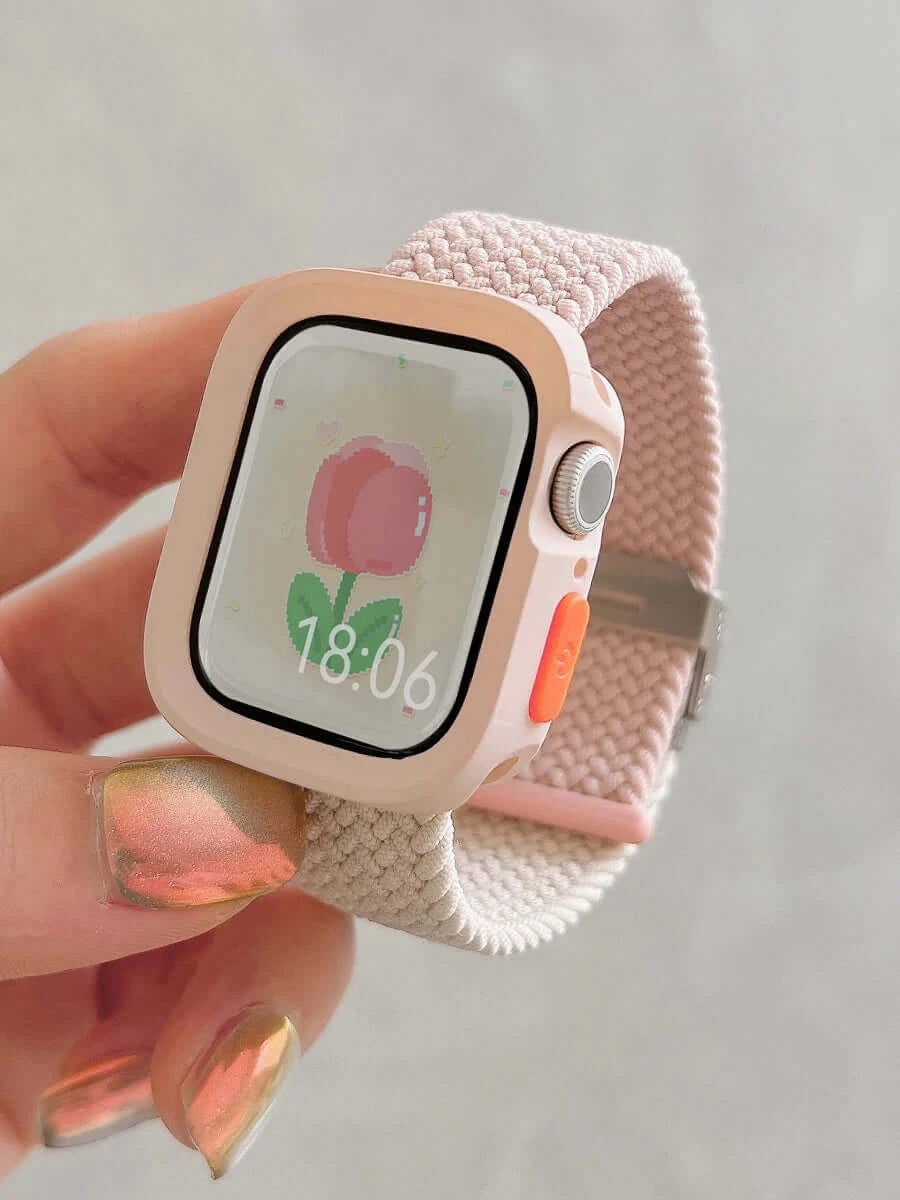 Pink Case - Pink / Beige woven nylon Apple Watch band with matching case