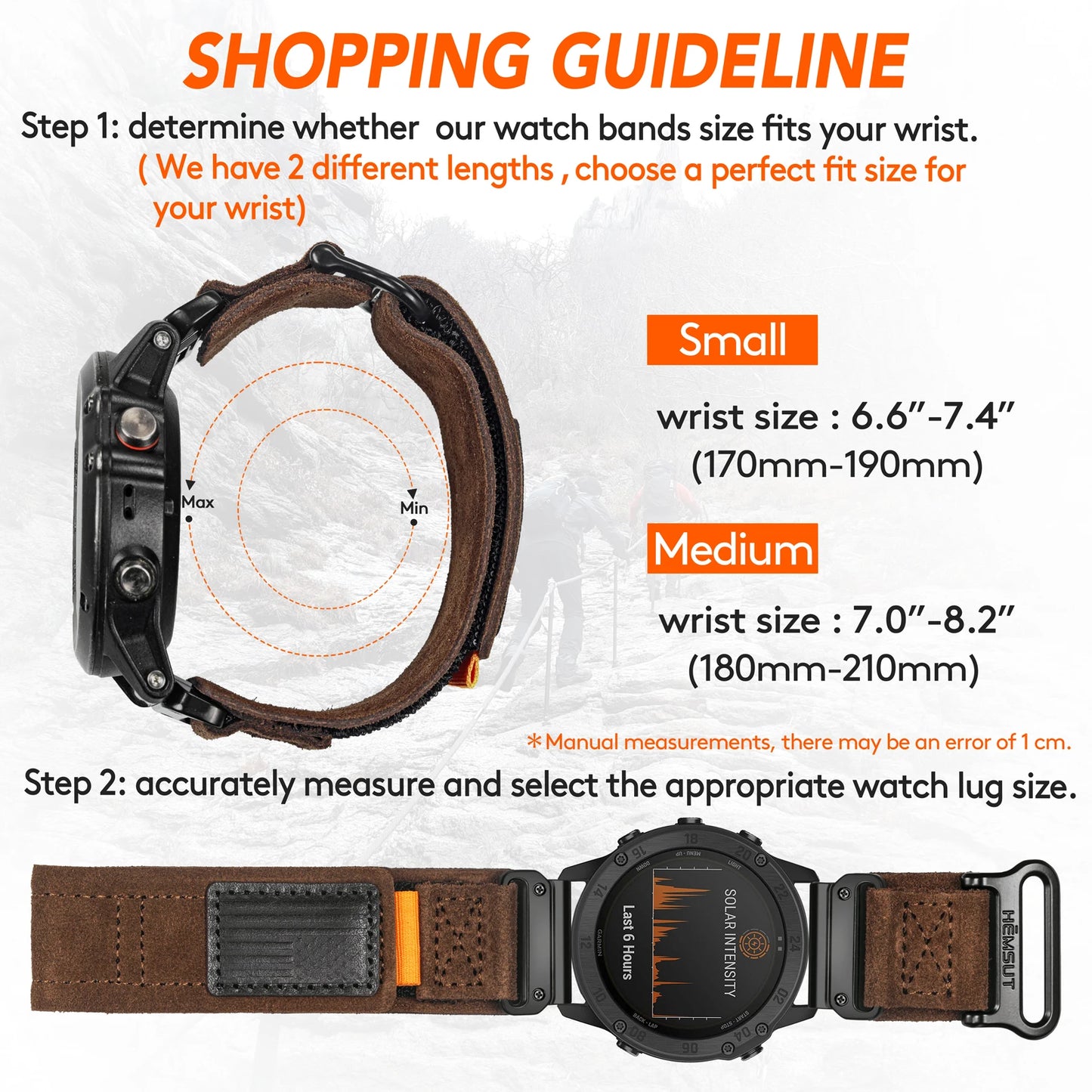 Shopping guideline for Garmin leather watch band sizes, showing small and medium wrist size measurements.