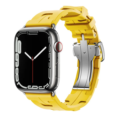 Apple Watch silicone band in bright yellow, flexible and waterproof strap for comfort and durability.