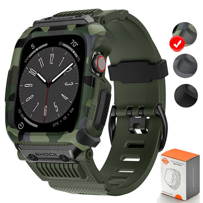 Apple Watch camouflage rubber strap in green, waterproof and durable, perfect for active lifestyles.