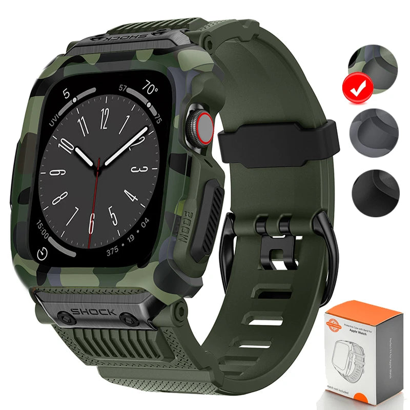 Green camouflage band and case with color preview circles for Apple Watch