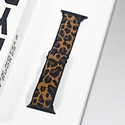 Bold leopard print nylon strap for Apple Watch, featuring a breathable design for comfort and style.