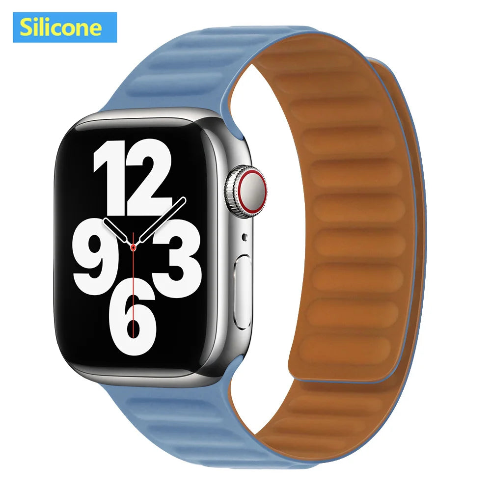 Magnetic Apple Watch Link Band - Leather & Silicone in Silicone / Steel Blue