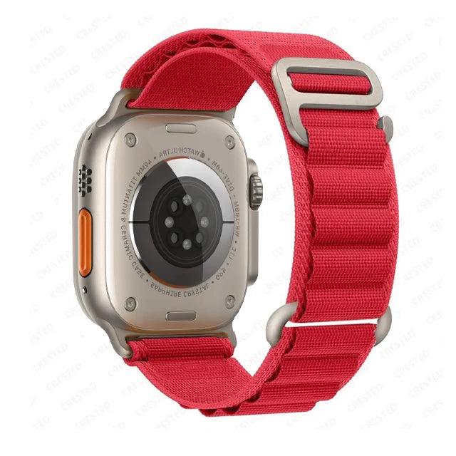 Apple Watch with a rugged nylon strap in red, designed for durability and comfort for outdoor activities.