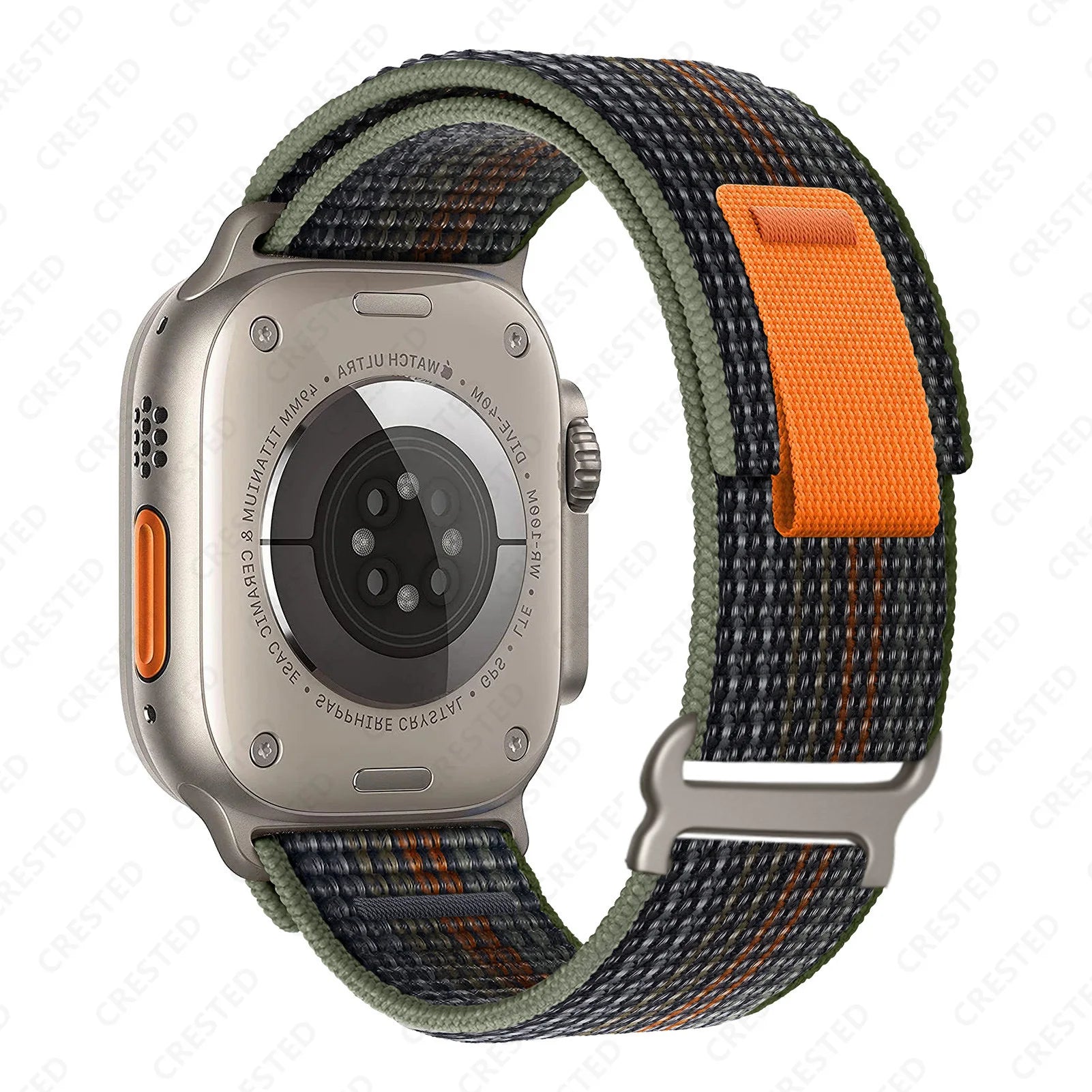 Apple Watch Trail Loop Nylon Strap in grey, orange, and green, showcasing durability and comfort for all-day wear.