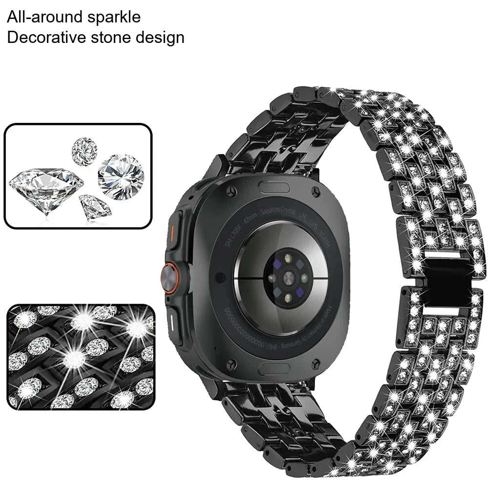 Samsung Galaxy Diamond Stainless Watch Band - Watch8/Watch8 Classic/Watch9 on a sleek black watch, featuring diamond design for elegance.