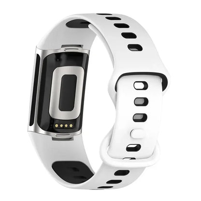 Fitbit Charge 5 smartwatch with white soft silicone strap, highlighting comfort and style for everyday use.