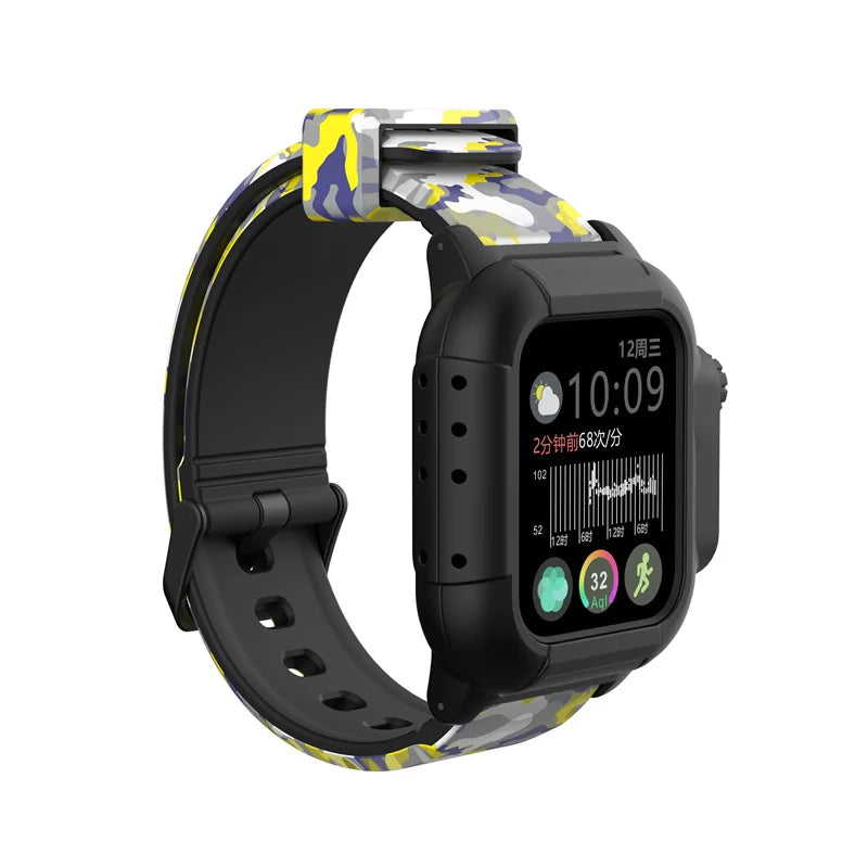 Apple Watch Silicone Strap in vibrant camo design, waterproof and luminous, perfect for workouts and casual wear.
