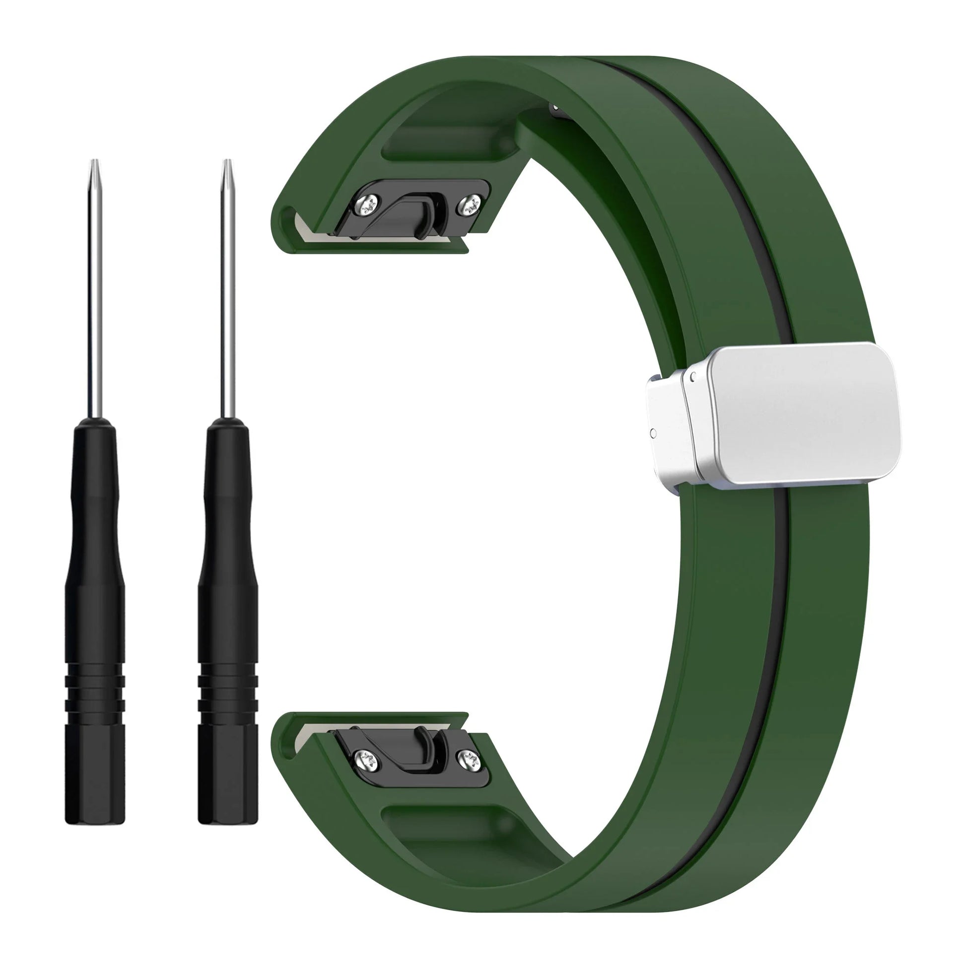 Garmin silicone smartwatch replacement strap in green with quickfit pins for easy installation and secure fit.