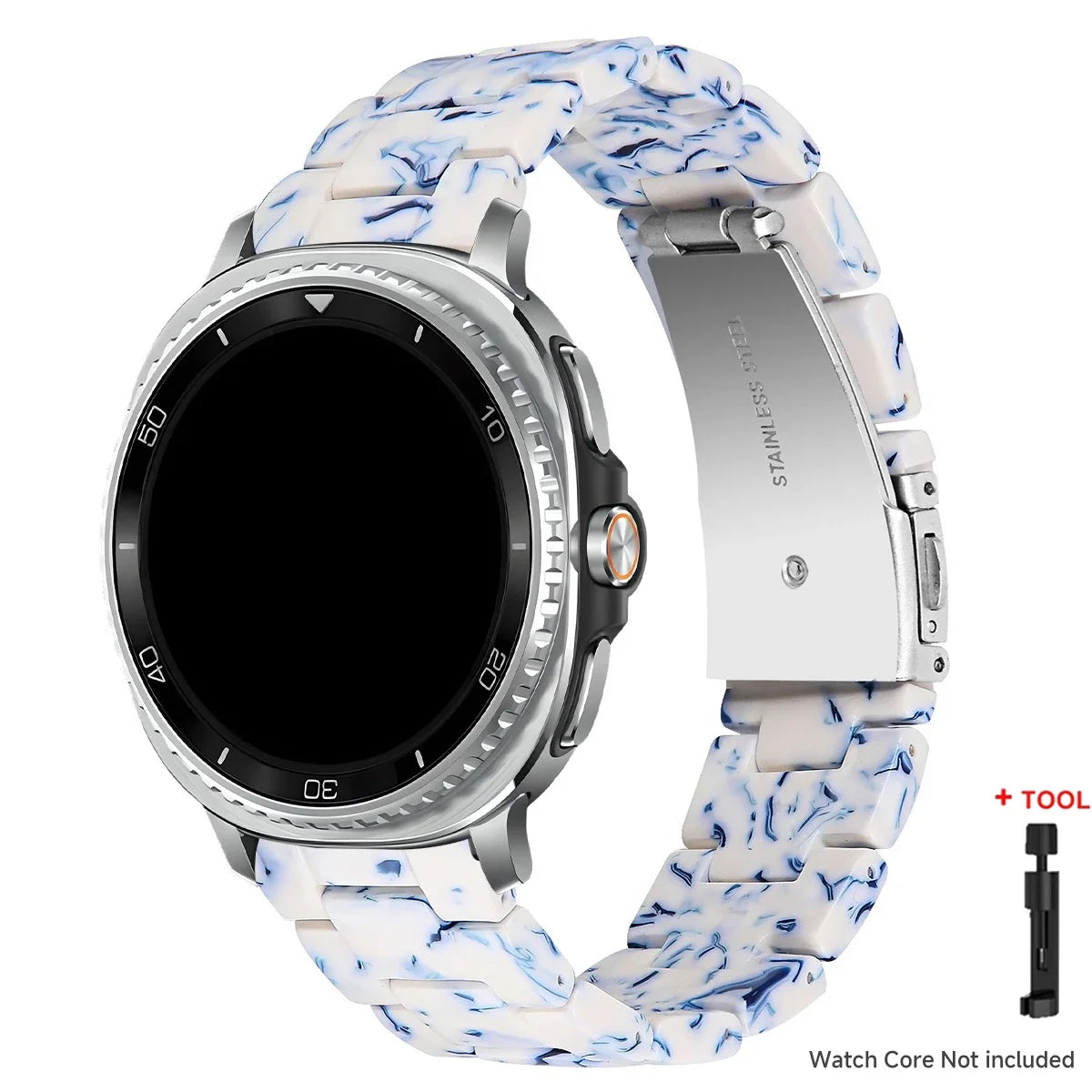 Samsung Galaxy Resin Link Watch Band - Tortoise Women Watch8/Watch8 Classic/Watch9 Ultra/Ultra2 on a smartwatch with a resin link bracelet