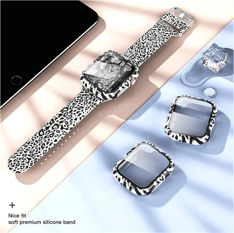 Apple Watch Silicone Strap with unique leopard print design, soft premium silicone band and matching case covers.