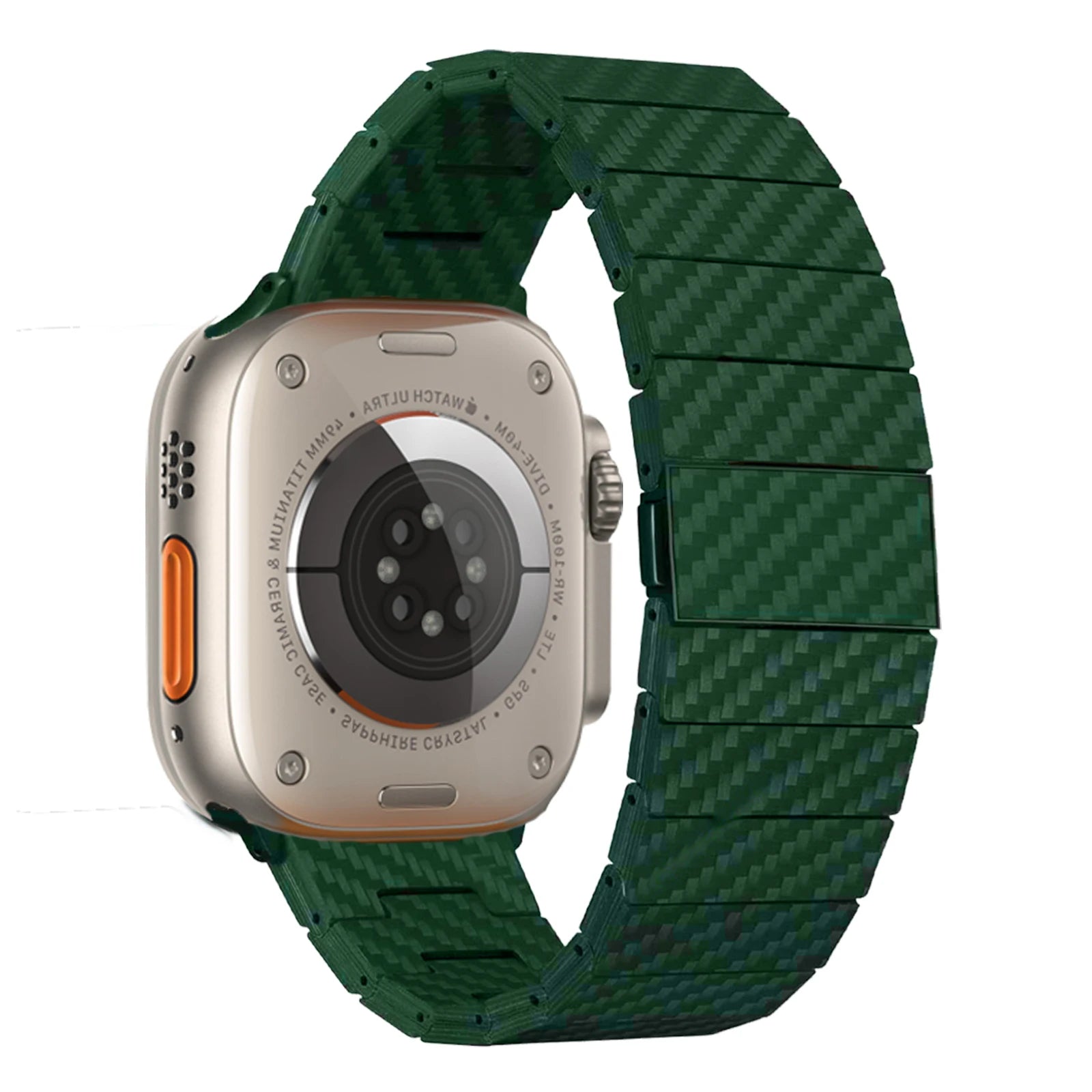 Apple Watch with green carbon fiber strap, blending sturdiness and modern style for a sleek look.