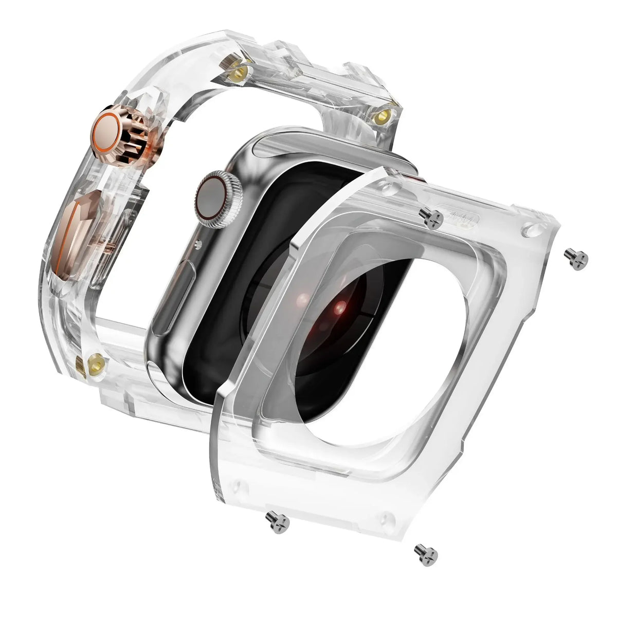 Exploded view of clear case fitting around an Apple Watch