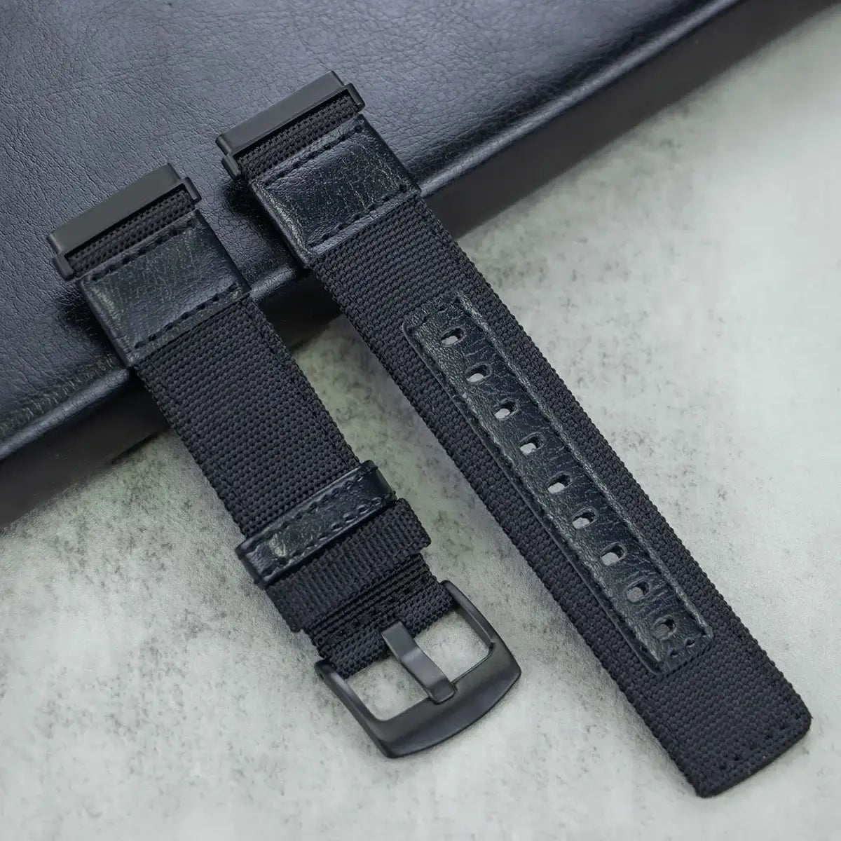 Fitbit Versa & Sense Nylon Band with Leather Details - Black