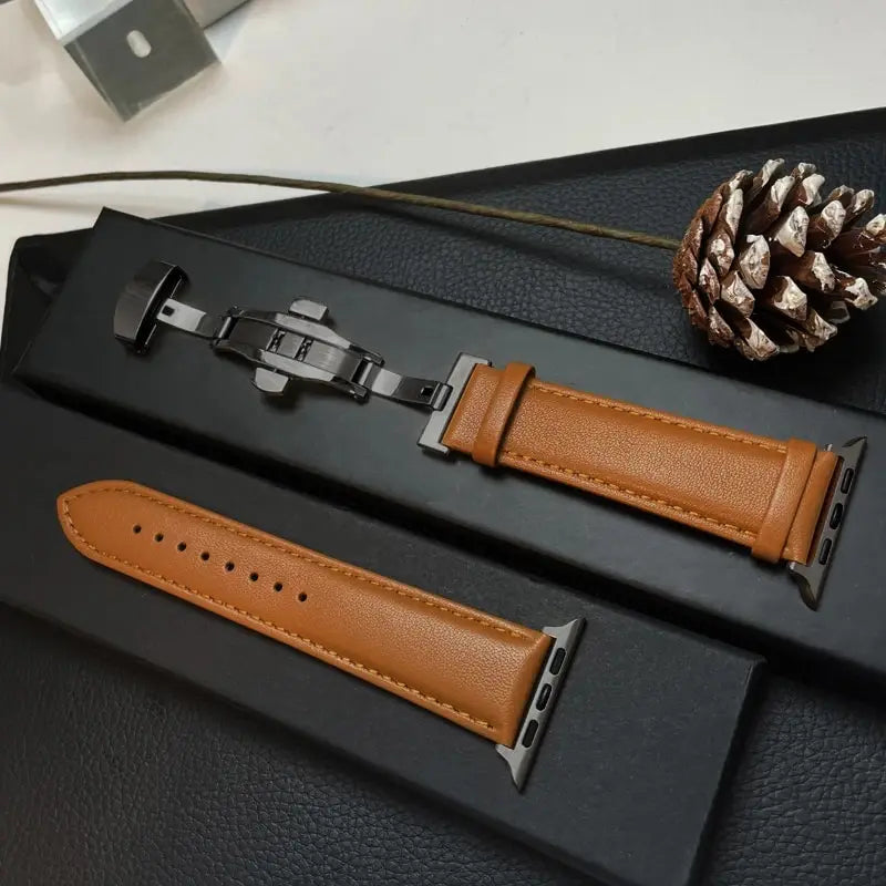 Leather Apple Watch Band with Folding Clasp in Black / Tan