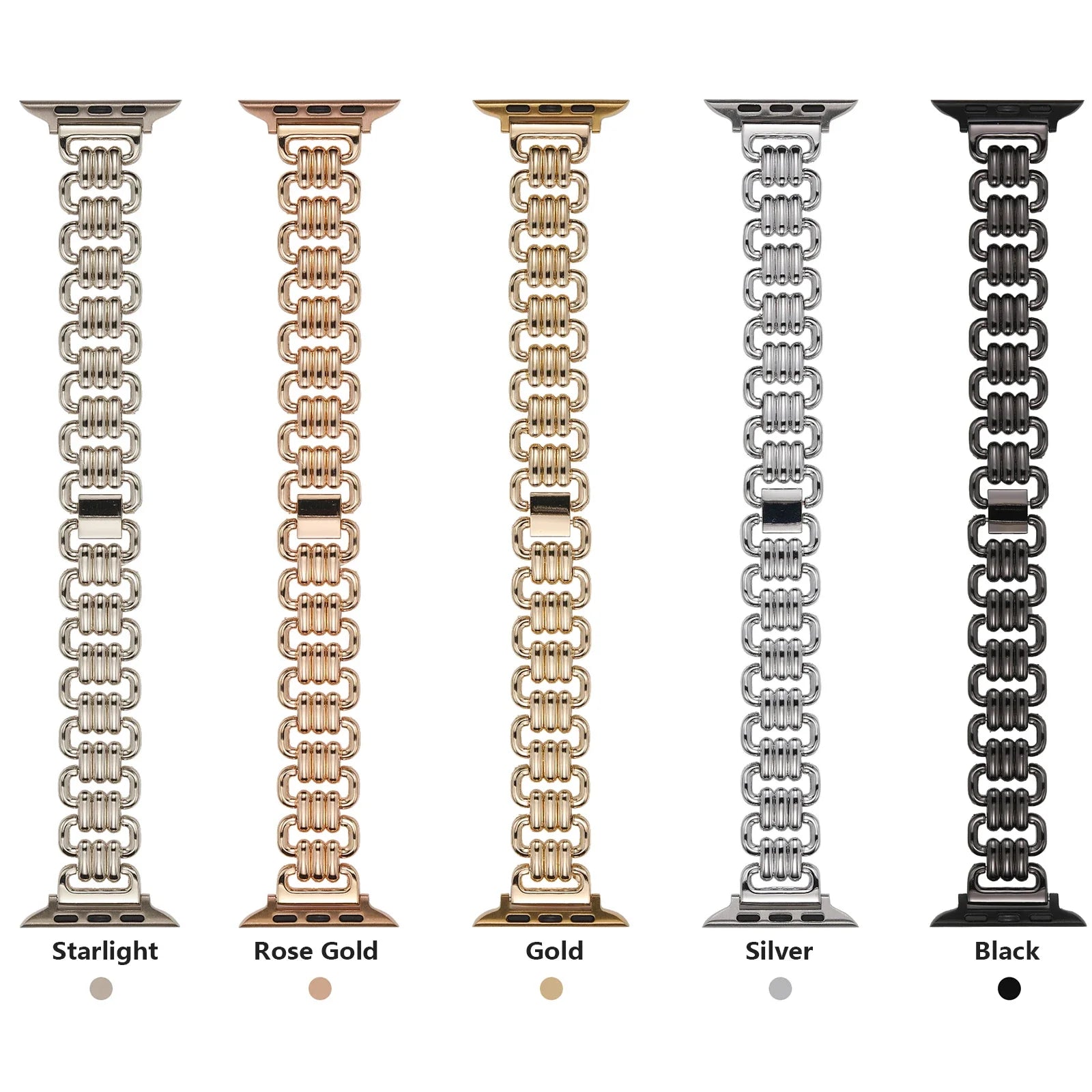 Apple Watch Metal Band in Starlight, Rose Gold, Gold, Silver, and Black colors with luxury chain strap design.