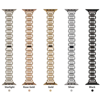 Apple Watch Metal Band in Starlight, Rose Gold, Gold, Silver, and Black colors with luxury chain strap design.