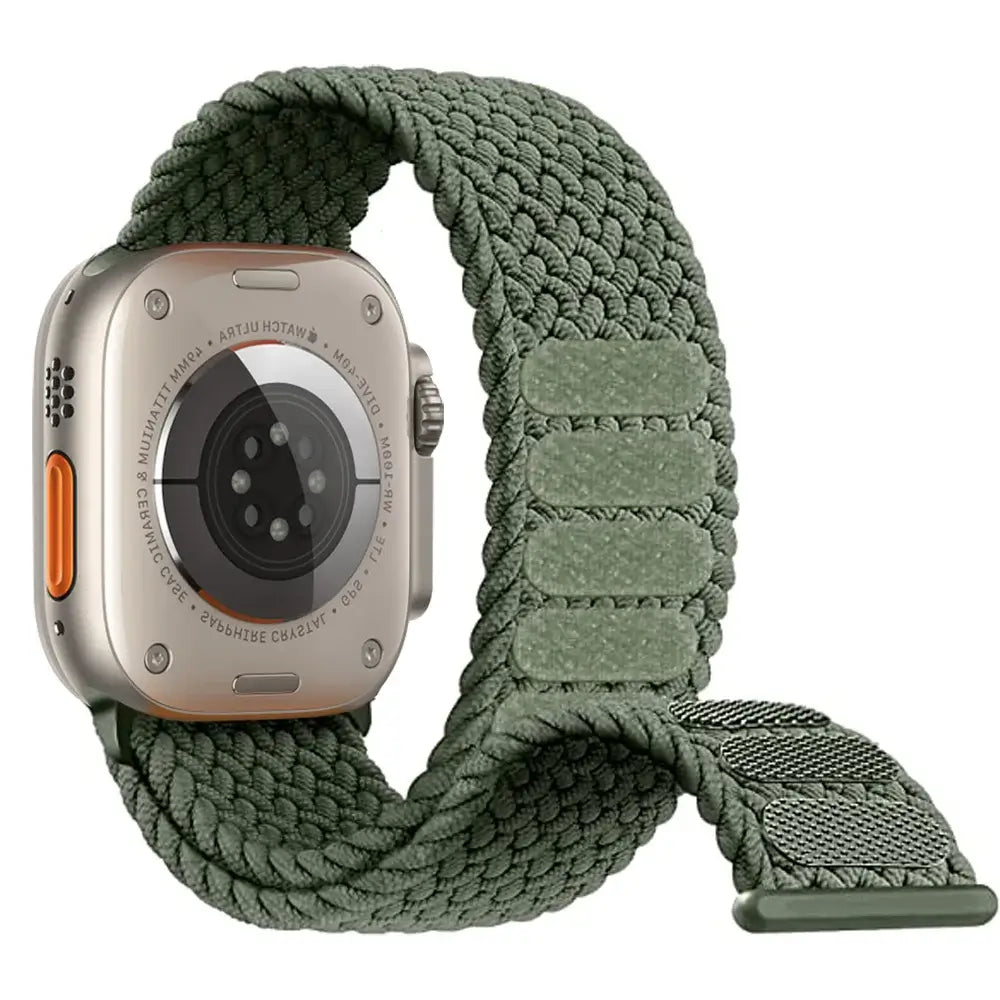 Olive braided nylon Apple Watch band showing hook-and-loop fastening