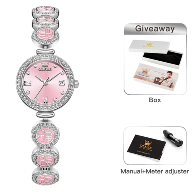 Women's Medallion Bracelet Crystal Quartz Watch — Pink dial watch front view — BandsCo Straps