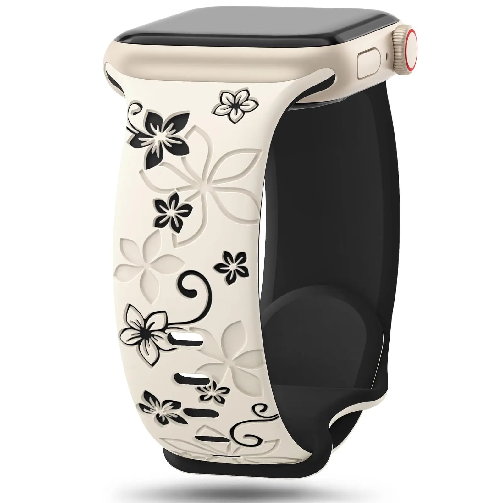 Apple Watch silicone strap in creamy color featuring intricate floral designs for a stylish and comfortable fit.
