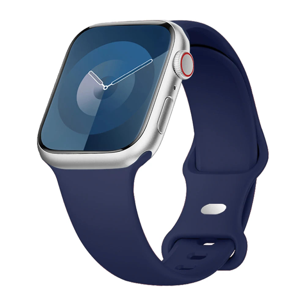 Apple Watch with soft flexible navy silicone strap, waterproof design ideal for active lifestyles.