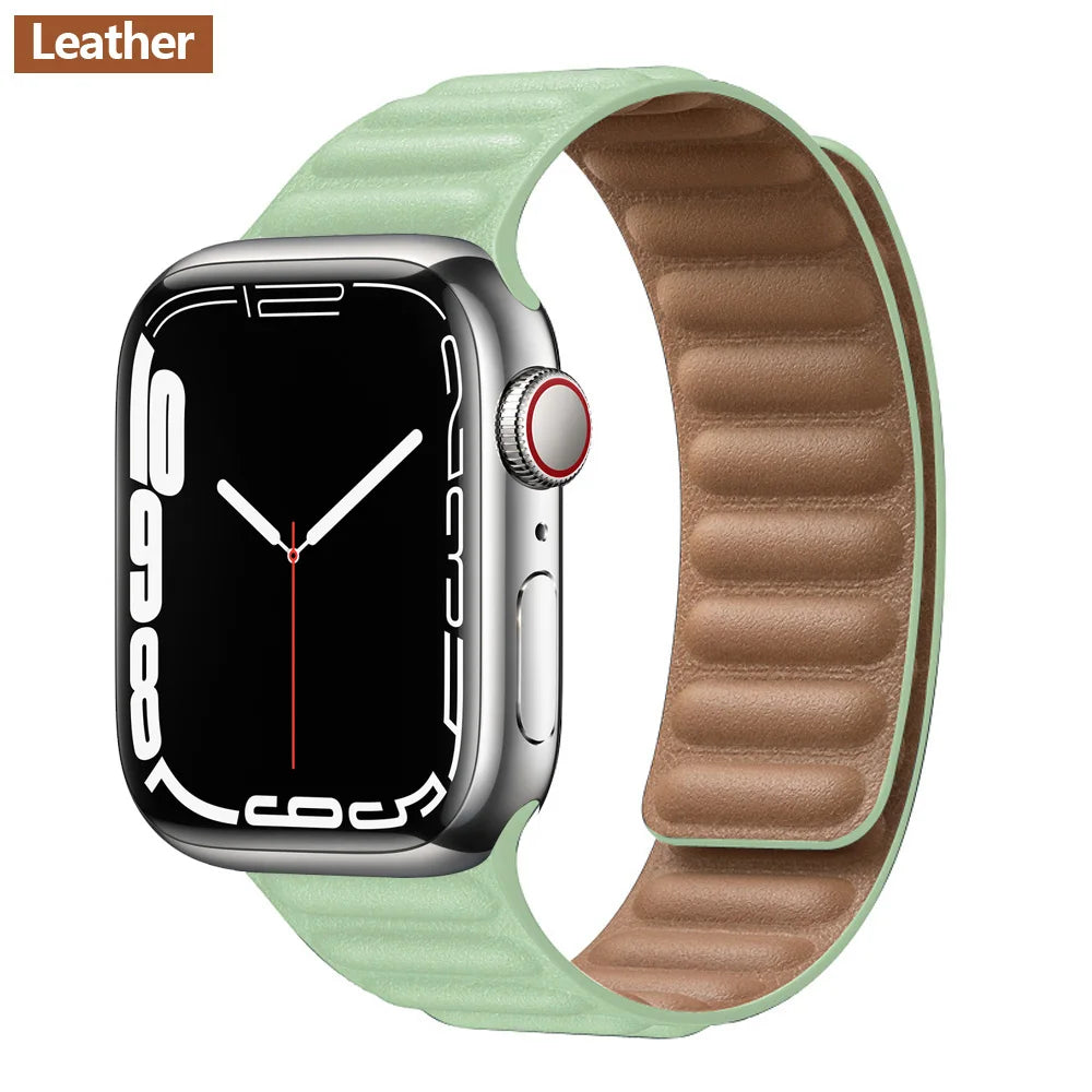 Magnetic Apple Watch Link Band - Leather & Silicone in Leather / Mint Green