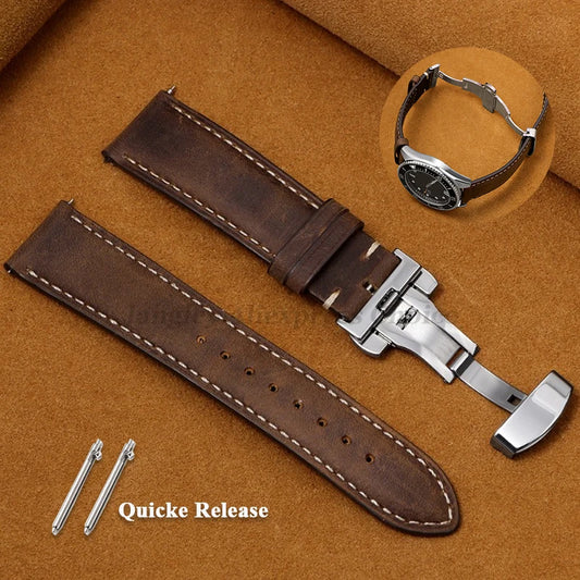 Calfskin Butterfly Clasp Band in dark brown with quick-release pins