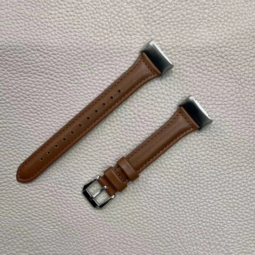 Fitbit Charge 5 slim leather band straps, featuring a durable steel connector for secure smartwatch attachment.