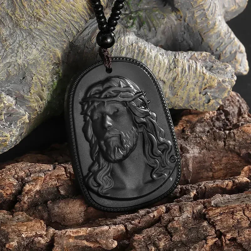 Carved Obsidian Religious Pendant Necklace on Obsidian Bead Chain