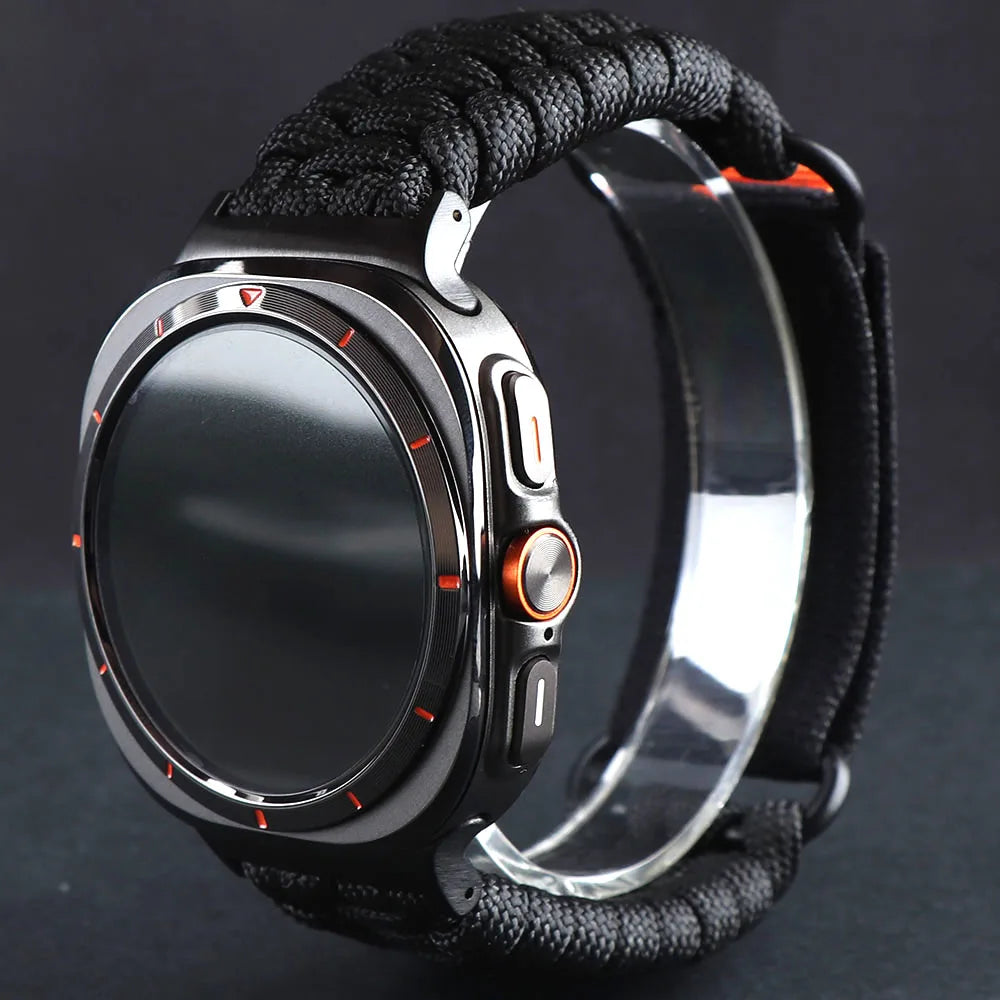 Samsung Galaxy Nylon Umbrella Rope Watch Band For Watch8/Watch8 Classic/Watch9/Ultra/Ultra2 in black on a watch.