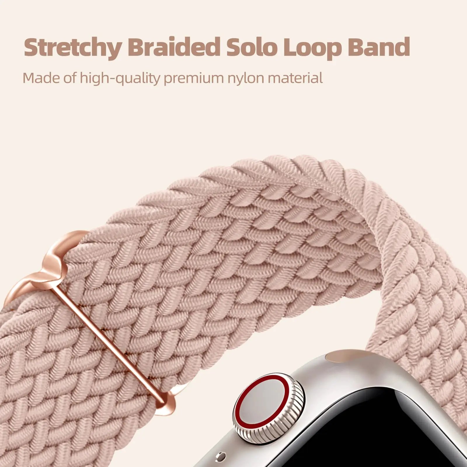 Close-up of stretchy braided solo loop band for Apple Watch, made from premium nylon material, showcasing soft pink color.